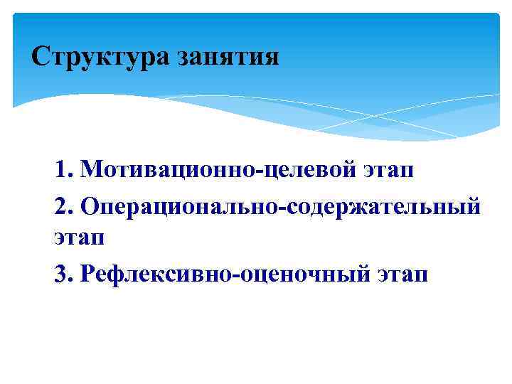 Структура занятия 1. Мотивационно-целевой этап 2. Операционально-содержательный этап 3. Рефлексивно-оценочный этап 