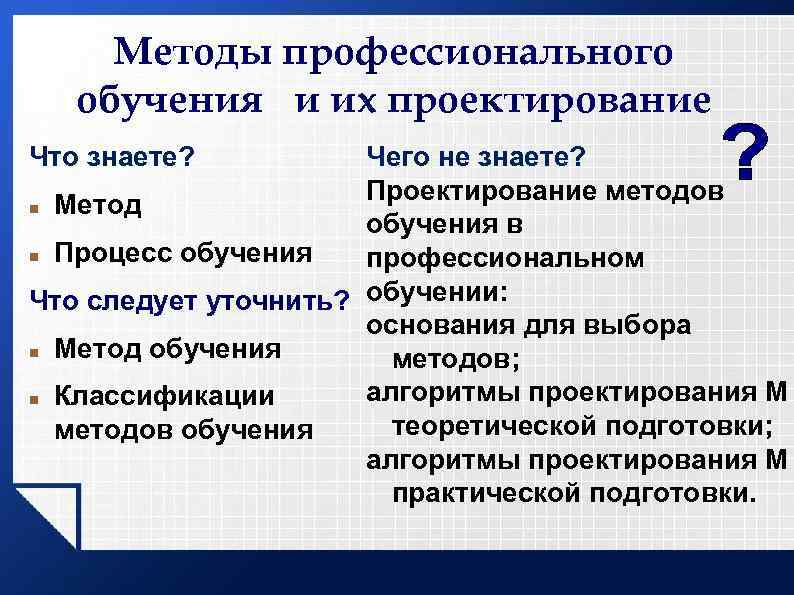 Методы профессионального обучения и их проектирование Что знаете? Чего не знаете? Проектирование методов Метод