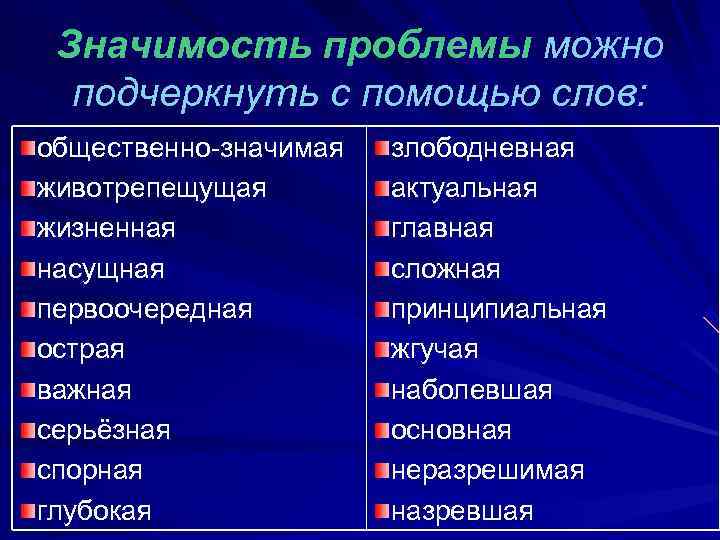 Значимость проблемы можно подчеркнуть с помощью слов: общественно-значимая животрепещущая жизненная насущная первоочередная острая важная