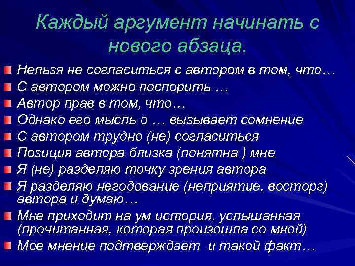 Каждый аргумент начинать с нового абзаца. Нельзя не согласиться с автором в том, что…