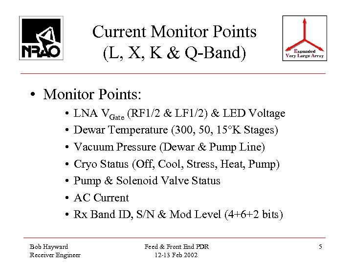 Current Monitor Points (L, X, K & Q-Band) • Monitor Points: • • LNA