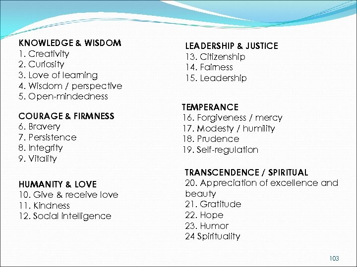 KNOWLEDGE & WISDOM 1. Creativity 2. Curiosity 3. Love of learning 4. Wisdom /