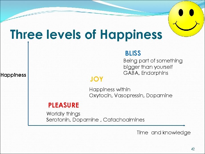 Three levels of Happiness BLISS Happiness JOY Being part of something bigger than yourself