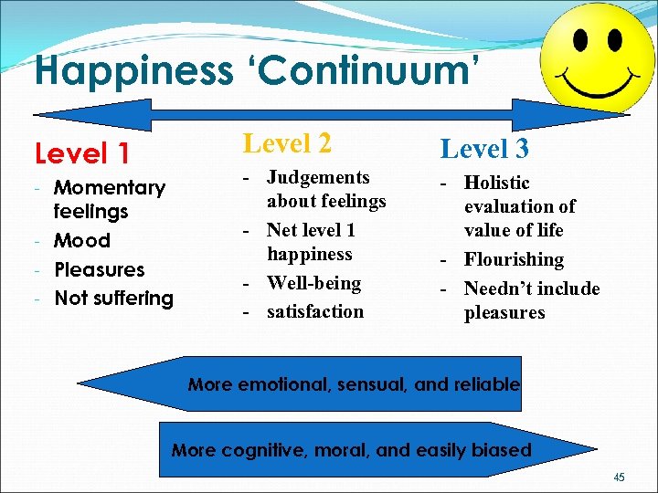 Happiness ‘Continuum’ Level 2 Level 1 - Momentary feelings - Mood - Pleasures -