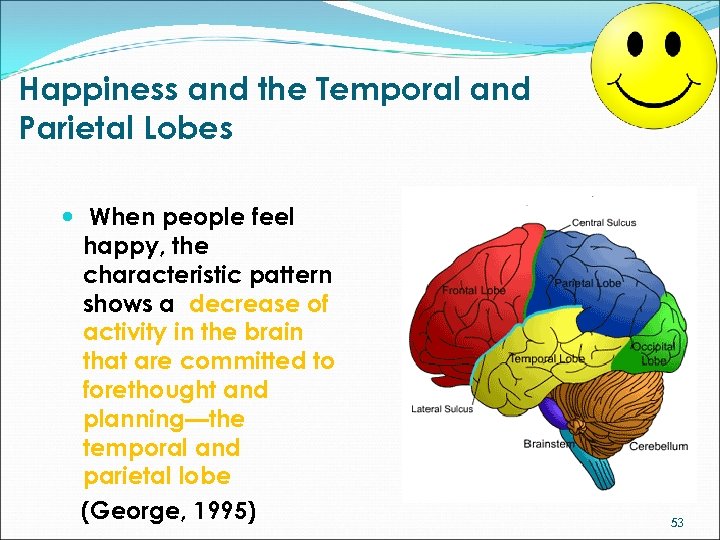 Happiness and the Temporal and Parietal Lobes When people feel happy, the characteristic pattern