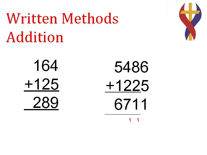 Written Methods Addition 164 +125 289 5486 +1225 6711 1 1 
