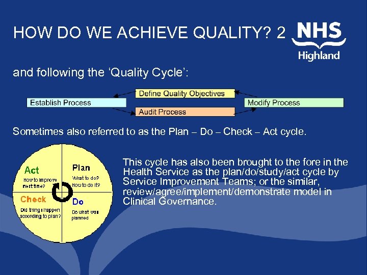 HOW DO WE ACHIEVE QUALITY? 2 and following the ‘Quality Cycle’: Sometimes also referred