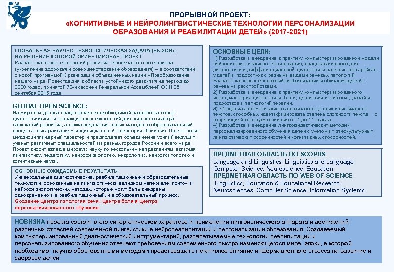 ПРОРЫВНОЙ ПРОЕКТ: «КОГНИТИВНЫЕ И НЕЙРОЛИНГВИСТИЧЕСКИЕ ТЕХНОЛОГИИ ПЕРСОНАЛИЗАЦИИ ОБРАЗОВАНИЯ И РЕАБИЛИТАЦИИ ДЕТЕЙ» (2017 -2021) ГЛОБАЛЬНАЯ