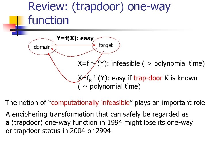 Review: (trapdoor) one-way function Y=f(X): easy target domain X=f -1 (Y): infeasible ( >