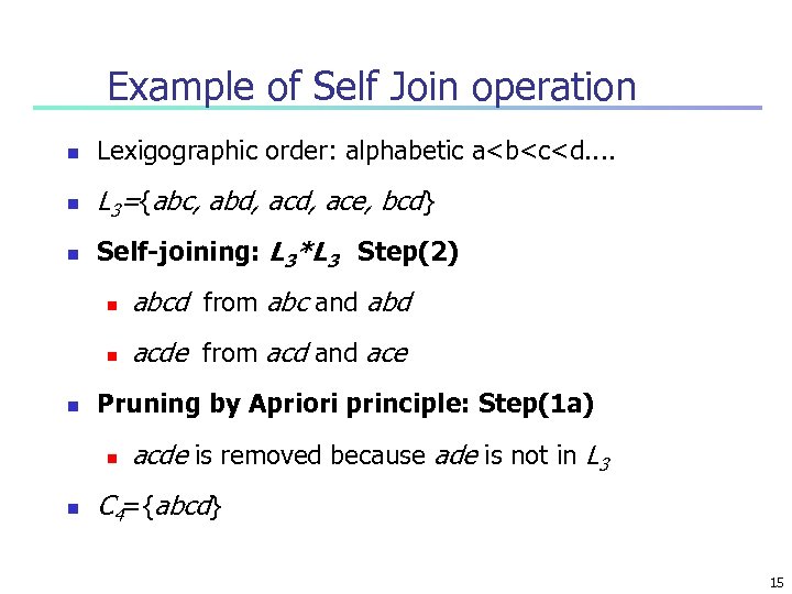 Example of Self Join operation n Lexigographic order: alphabetic a<b<c<d. . n L 3={abc,