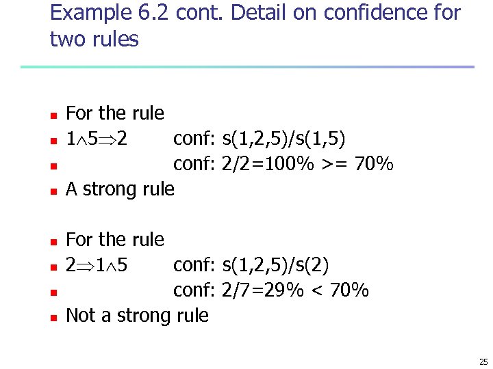 Example 6. 2 cont. Detail on confidence for two rules n n n n