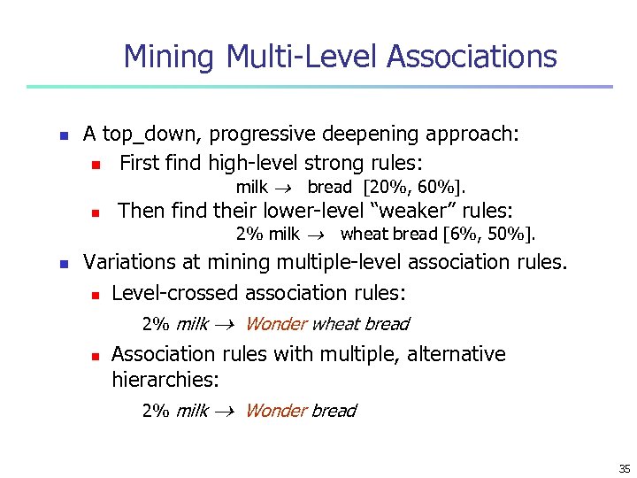 Mining Multi-Level Associations n A top_down, progressive deepening approach: n First find high-level strong
