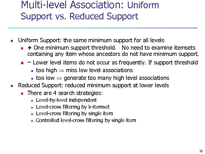Multi-level Association: Uniform Support vs. Reduced Support n Uniform Support: the same minimum support
