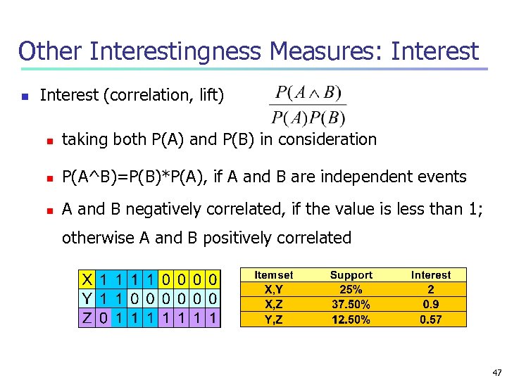 Other Interestingness Measures: Interest n Interest (correlation, lift) n taking both P(A) and P(B)