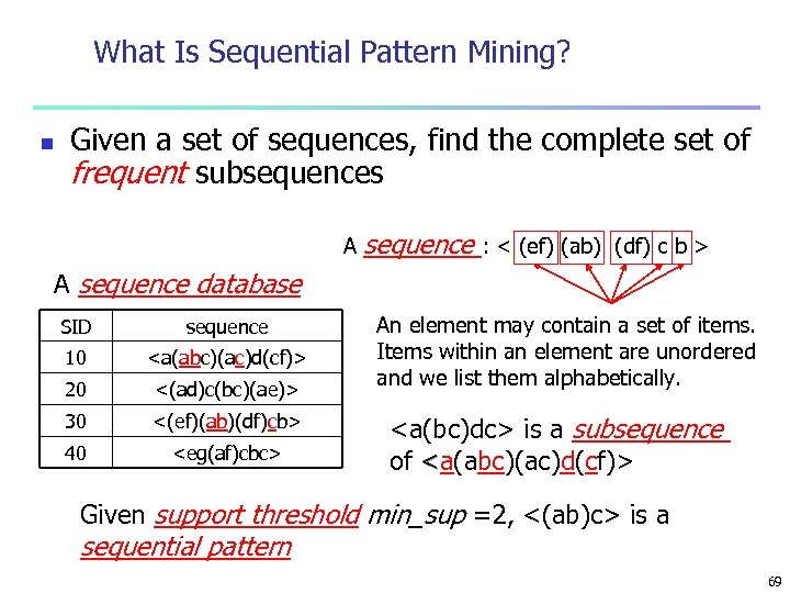 What Is Sequential Pattern Mining? n Given a set of sequences, find the complete