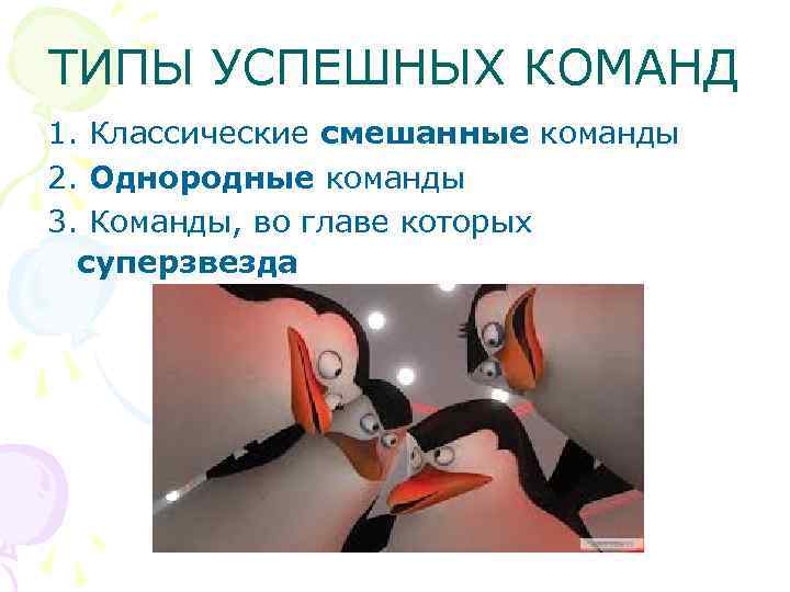 ТИПЫ УСПЕШНЫХ КОМАНД 1. Классические смешанные команды 2. Однородные команды 3. Команды, во главе