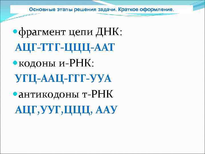 Основные этапы решения задачи. Краткое оформление. фрагмент цепи ДНК: АЦГ ТТГ ЦЦЦ ААТ кодоны