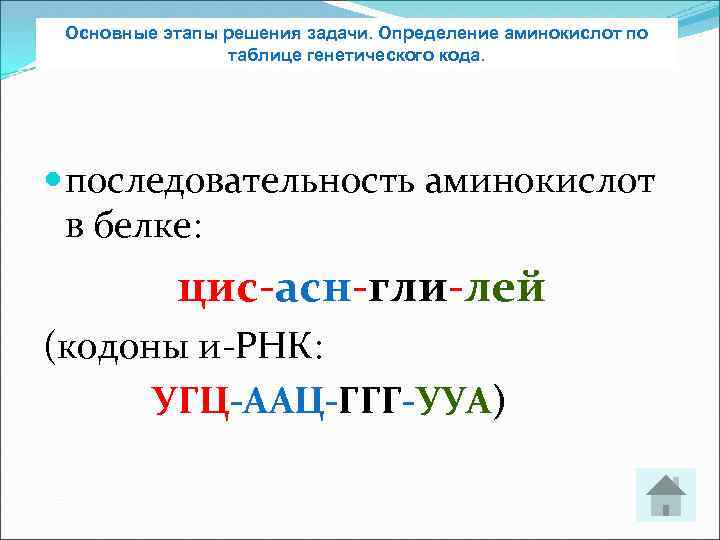 Основные этапы решения задачи. Определение аминокислот по таблице генетического кода. последовательность аминокислот в белке: