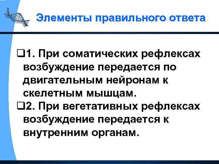 Элементы правильного ответа q 1. При соматических рефлексах возбуждение передается по двигательным нейронам к