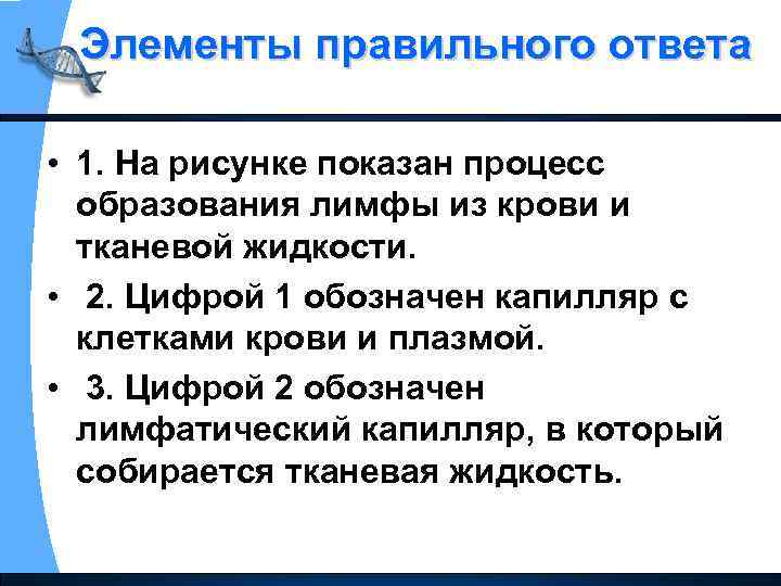 Элементы правильного ответа • 1. На рисунке показан процесс образования лимфы из крови и