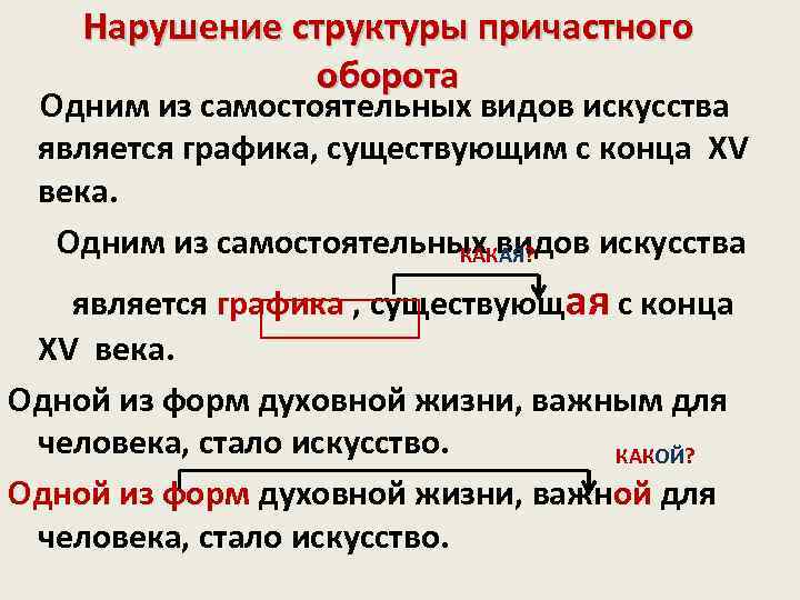 Нарушение структуры причастного оборота Одним из самостоятельных видов искусства является графика, существующим с конца