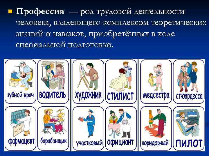 n Профессия — род трудовой деятельности человека, владеющего комплексом теоретических знаний и навыков, приобретённых