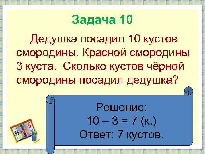 Задача 10 Дедушка посадил 10 кустов смородины. Красной смородины 3 куста. Сколько кустов чёрной