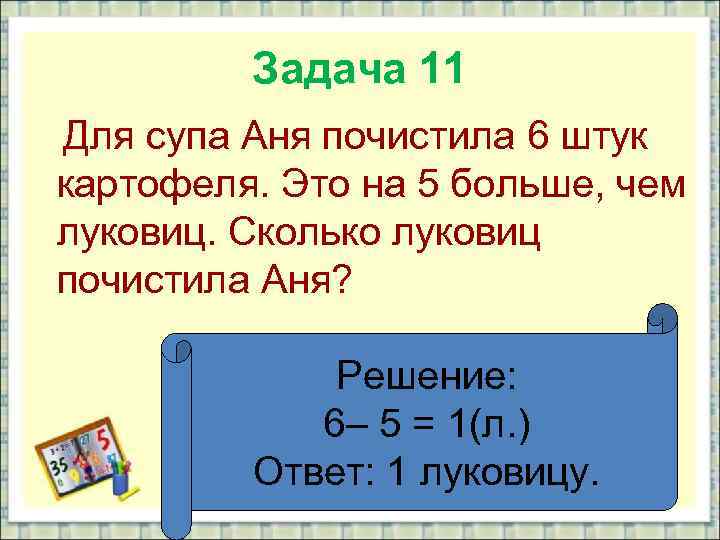 Задача 11 Для супа Аня почистила 6 штук картофеля. Это на 5 больше, чем