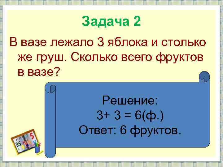 Задача 2 В вазе лежало 3 яблока и столько же груш. Сколько всего фруктов