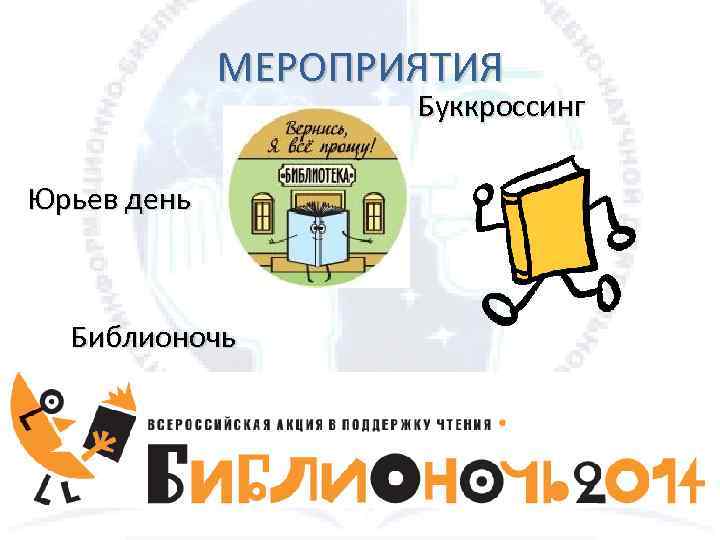 МЕРОПРИЯТИЯ Буккроссинг Юрьев день Библионочь 