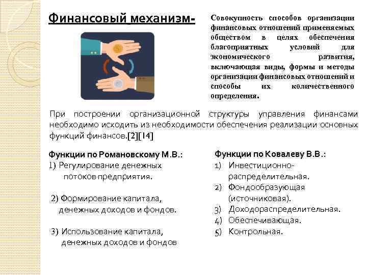 Финансовый механизм- Совокупность способов организации финансовых отношений применяемых обществом в целях обеспечения благоприятных условий