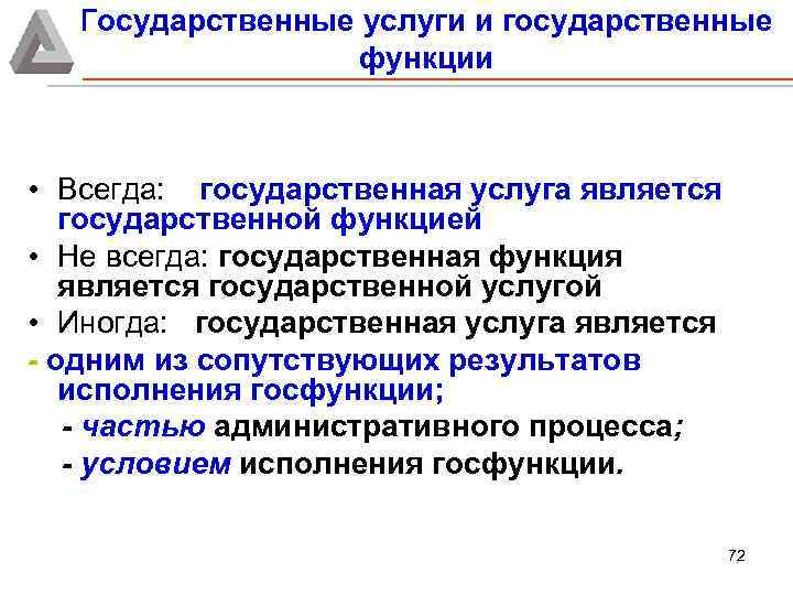 Государственные услуги и государственные функции • Всегда: государственная услуга является государственной функцией • Не