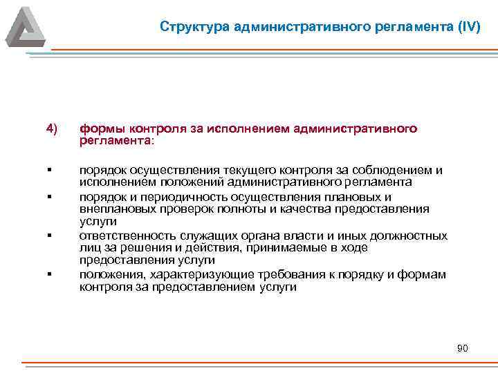 Структура административного регламента (IV) 4) формы контроля за исполнением административного регламента: § порядок осуществления