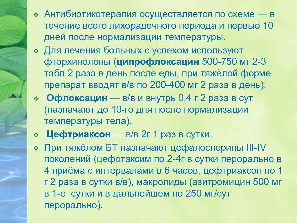 v v v Антибиотикотерапия осуществляется по схеме — в течение всего лихорадочного периода и