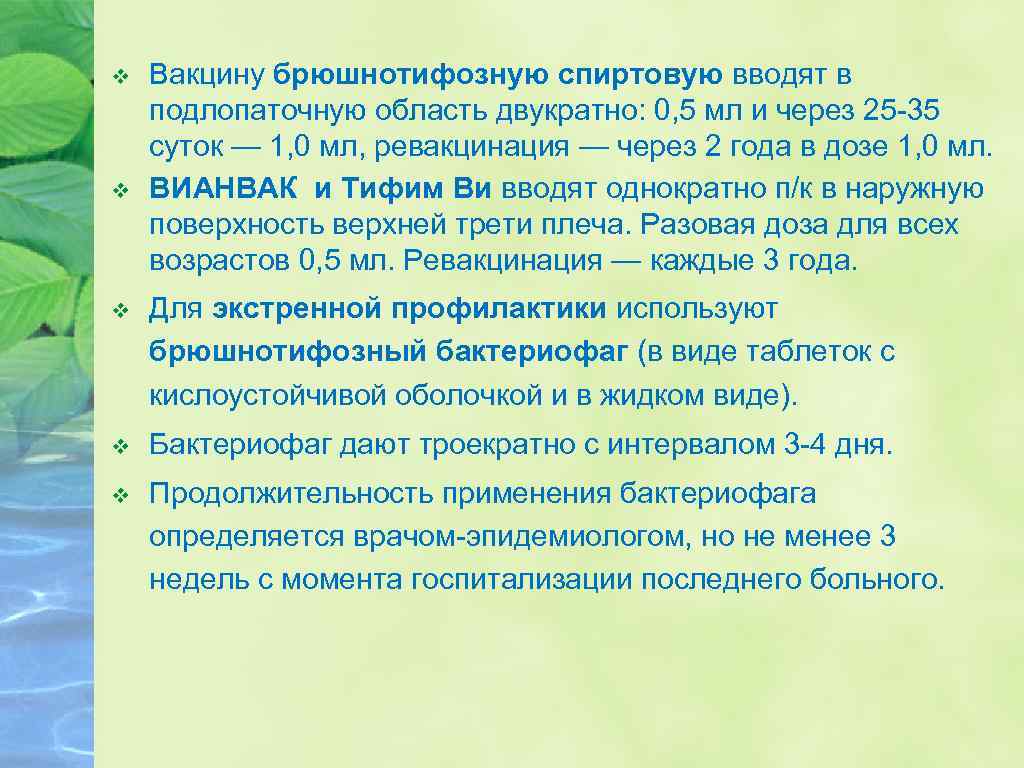 v v Вакцину брюшнотифозную спиртовую вводят в подлопаточную область двукратно: 0, 5 мл и