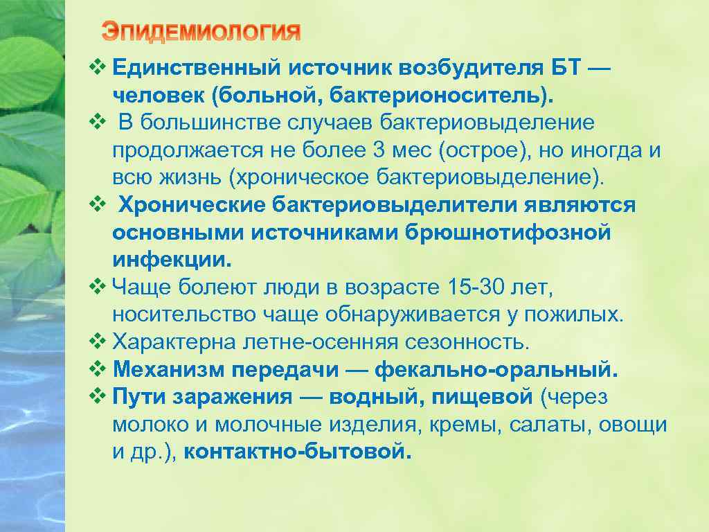 v Единственный источник возбудителя БТ — человек (больной, бактерионоситель). v В большинстве случаев бактериовыделение