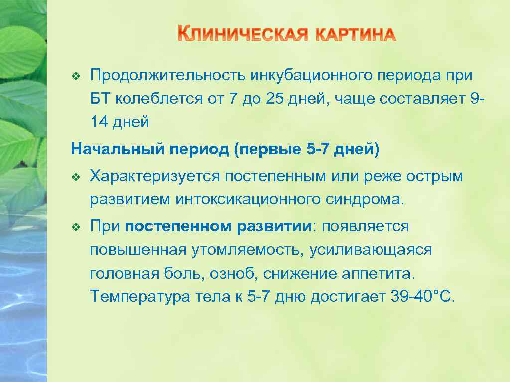 v Продолжительность инкубационного периода при БТ колеблется от 7 до 25 дней, чаще составляет