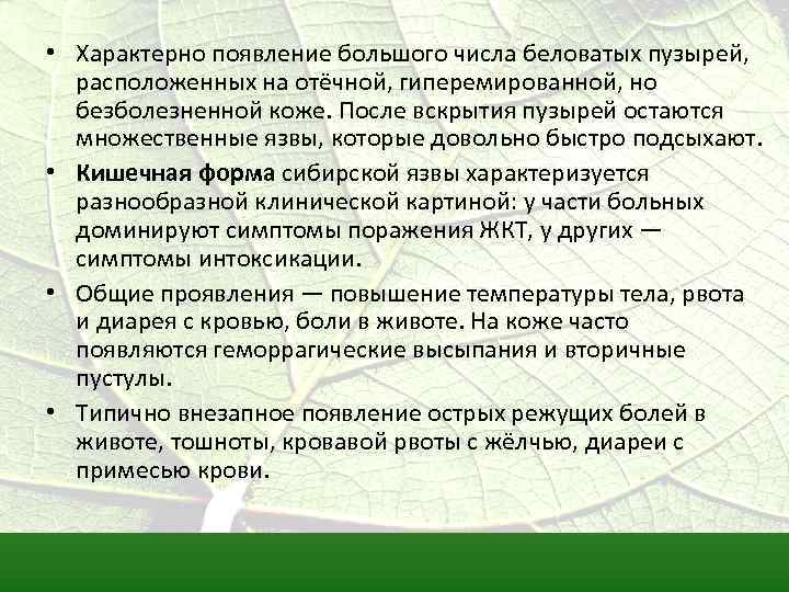  • Характерно появление большого числа беловатых пузырей, расположенных на отёчной, гиперемированной, но безболезненной