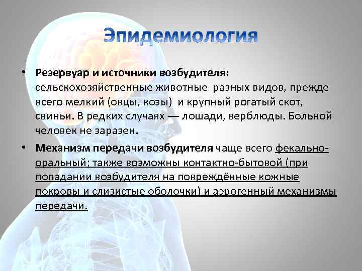  • Резервуар и источники возбудителя: сельскохозяйственные животные разных видов, прежде всего мелкий (овцы,