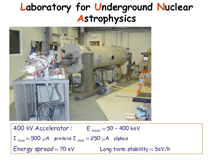 Laboratory for Underground Nuclear Astrophysics 400 k. V Accelerator : E beam 50 –