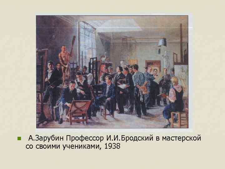 n А. Зарубин Профессор И. И. Бродский в мастерской со своими учениками, 1938 