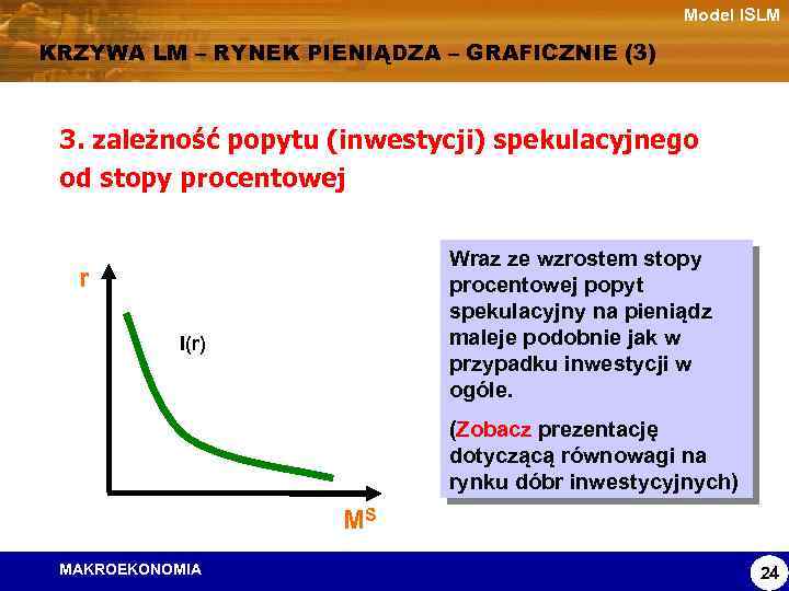 Model ISLM KRZYWA LM – RYNEK PIENIĄDZA – GRAFICZNIE (3) 3. zależność popytu (inwestycji)