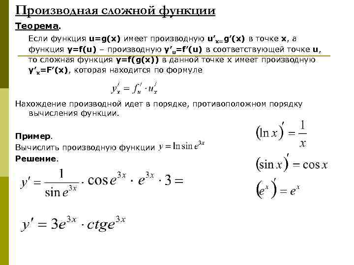 Производная сложной функции Теорема. Если функция u=g(x) имеет производную u’x=g’(x) в точке x, а