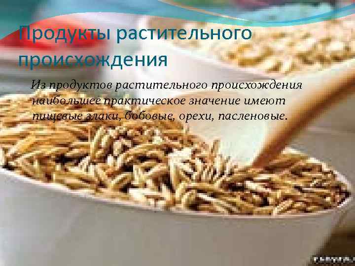 Продукты растительного происхождения Из продуктов растительного происхождения наибольшее практическое значение имеют пищевые злаки, бобовые,