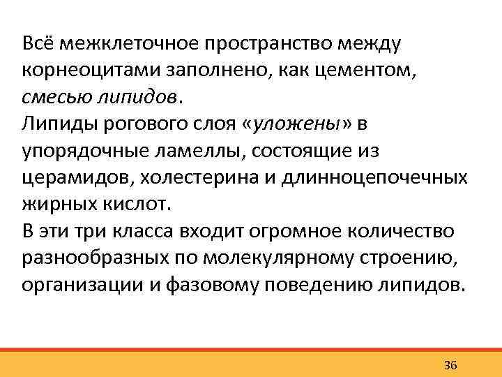 Всё межклеточное пространство между корнеоцитами заполнено, как цементом, смесью липидов. Липиды рогового слоя «уложены»