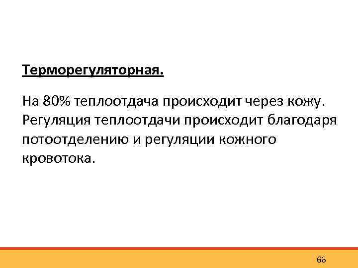 Терморегуляторная. На 80% теплоотдача происходит через кожу. Регуляция теплоотдачи происходит благодаря потоотделению и регуляции