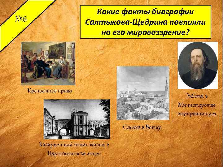 Какие факты биографии Салтыкова-Щедрина повлияли на его мировоззрение? № 6 Крепостное право Работа в