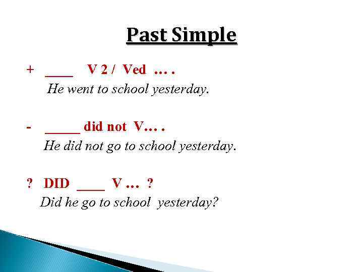 Past Simple + ____ V 2 / Ved …. He went to school yesterday.