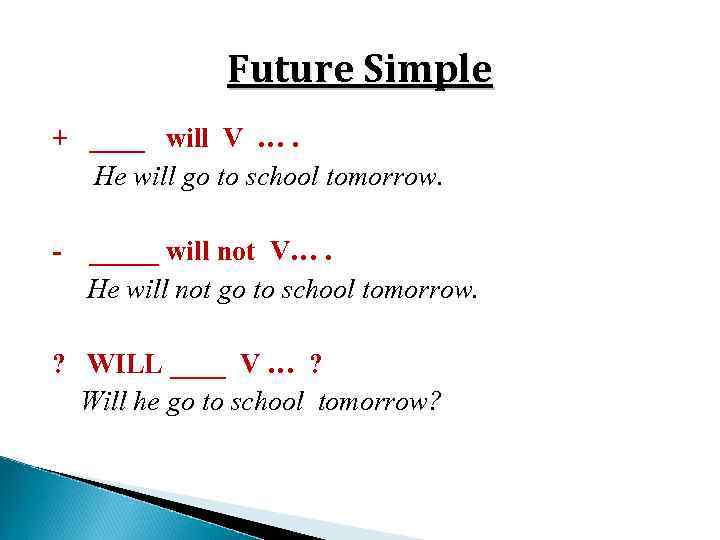 Future Simple + ____ will V …. He will go to school tomorrow. -