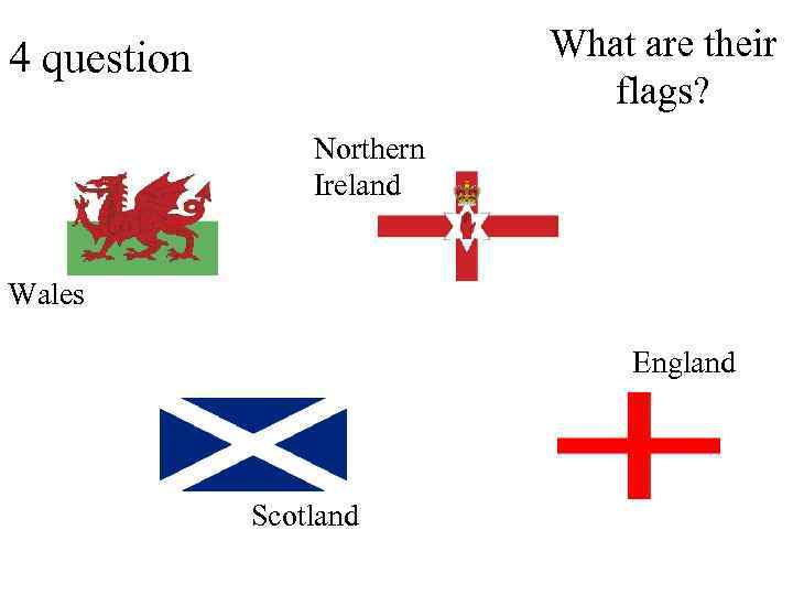 What are their flags? 4 question Northern Ireland Wales England Scotland 
